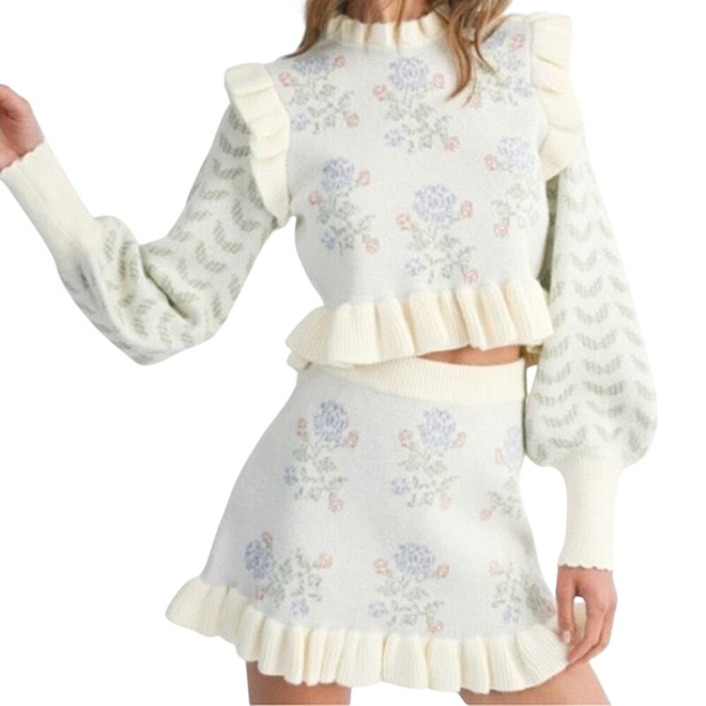 MABLE Claire Pastel Floral Knit Ruffle Sweater Skirt Set Cottagecore - Sz S NWT